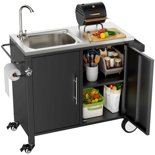 Stainless Steel Outdoor Grill Cart with Sink & Storage Cabinet