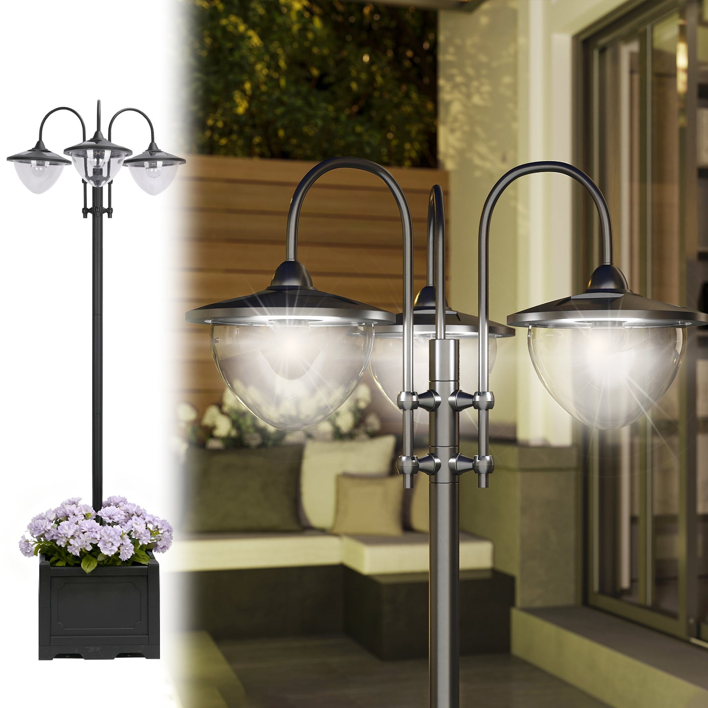 3-Head Solar Lamp Post with Planter Box — 74.5" Outdoor LED Pole Light