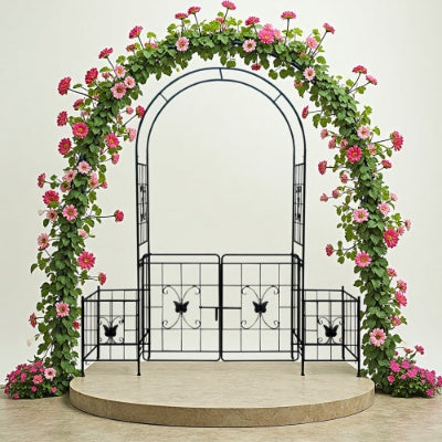 Iron Garden Arch Arbor with Gate & Lattice Panels – Easy Assembly, Climbing Plants