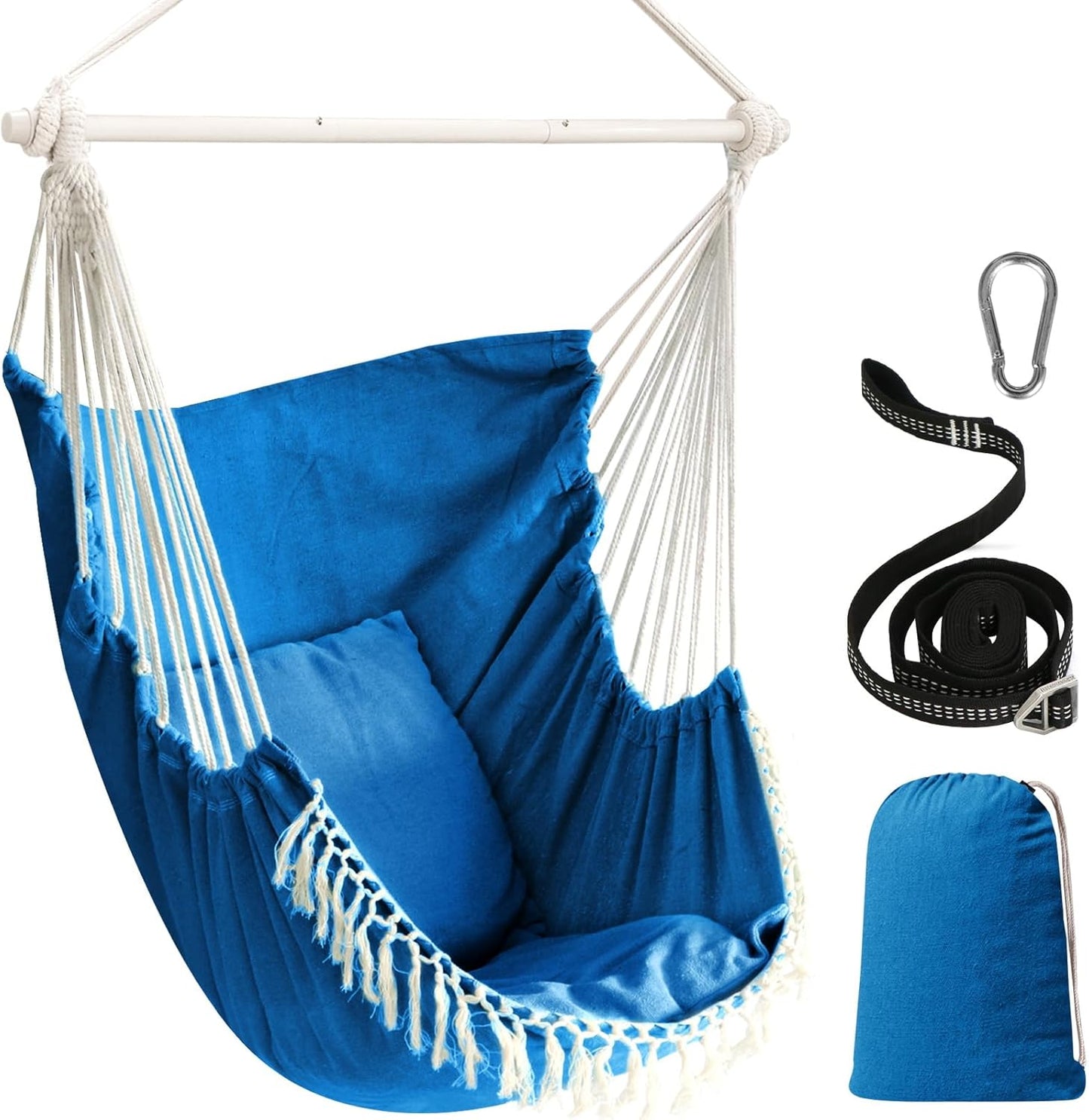Hammock Chair Hanging Swing Max 500 Lbs 2 Cushions Included Metal Spreader Bar with Anti-Slip Grooves Portable Hanging Chair Side Pocket Large Macrame Bohemian Chair Indoor Outdoor