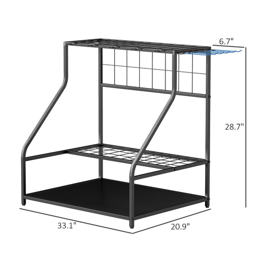 3-Tier Garden Tool Organizer Rack – Holds 20+ Tools with Hooks & Shelves