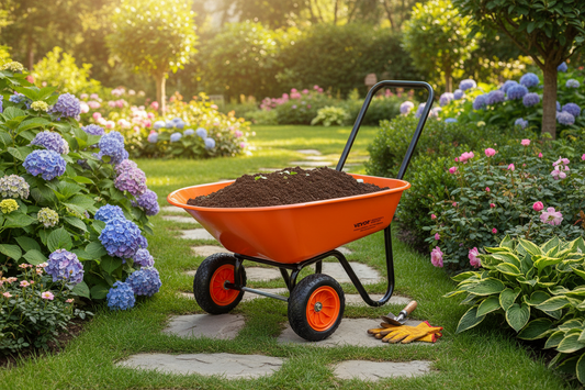 Orange wheelbarrow with black handle and wheels on a white background