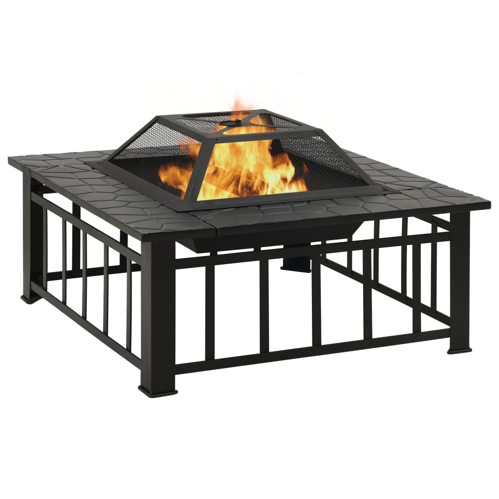 Fire Pit with Poker & Spark Screen - 79x79cm Steel Outdoor Fire Bowl
