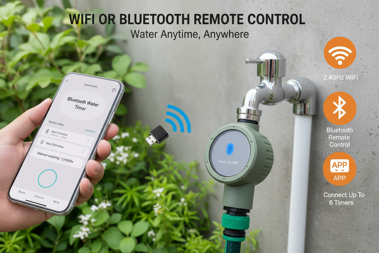 Smart water timer with smartphone app control and Bluetooth/WiFi connectivity.