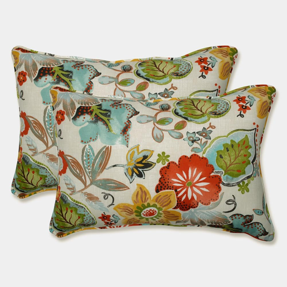Floral Indoor/Outdoor Accent Throw Pillow Plush Fill, Weather, and Fade Resistant, Lumbar - 11.5" X 18.5", Blue/Brown Pom Pom Play 2 Count
