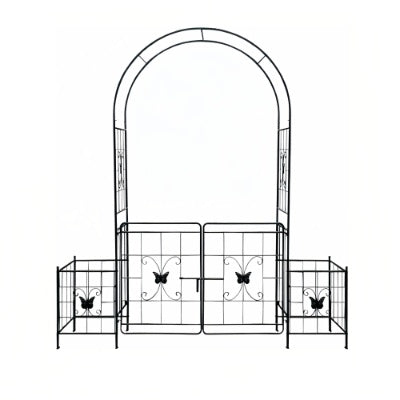 Black and white line drawing of a decorative metal gate with intricate designs.