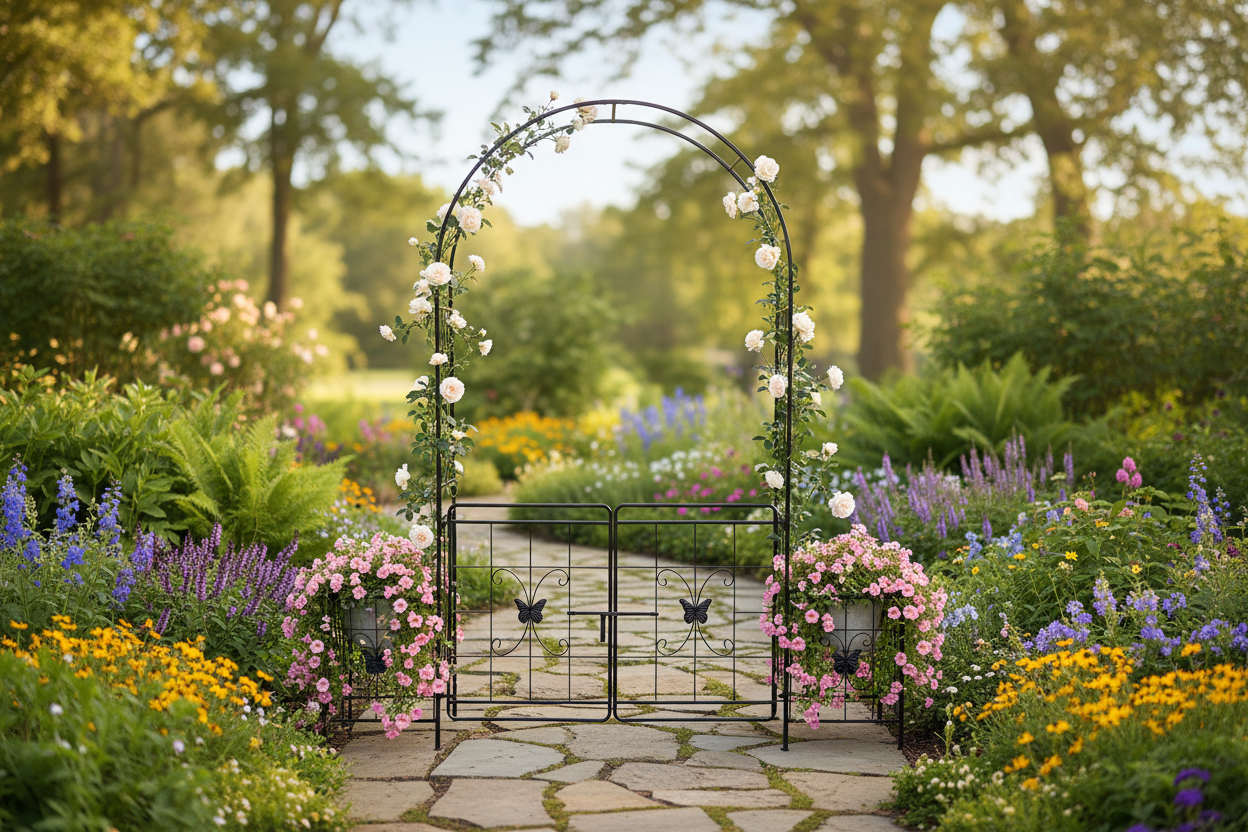 Iron Garden Arch Arbor with Gate & Lattice Panels – Easy Assembly, Climbing Plants