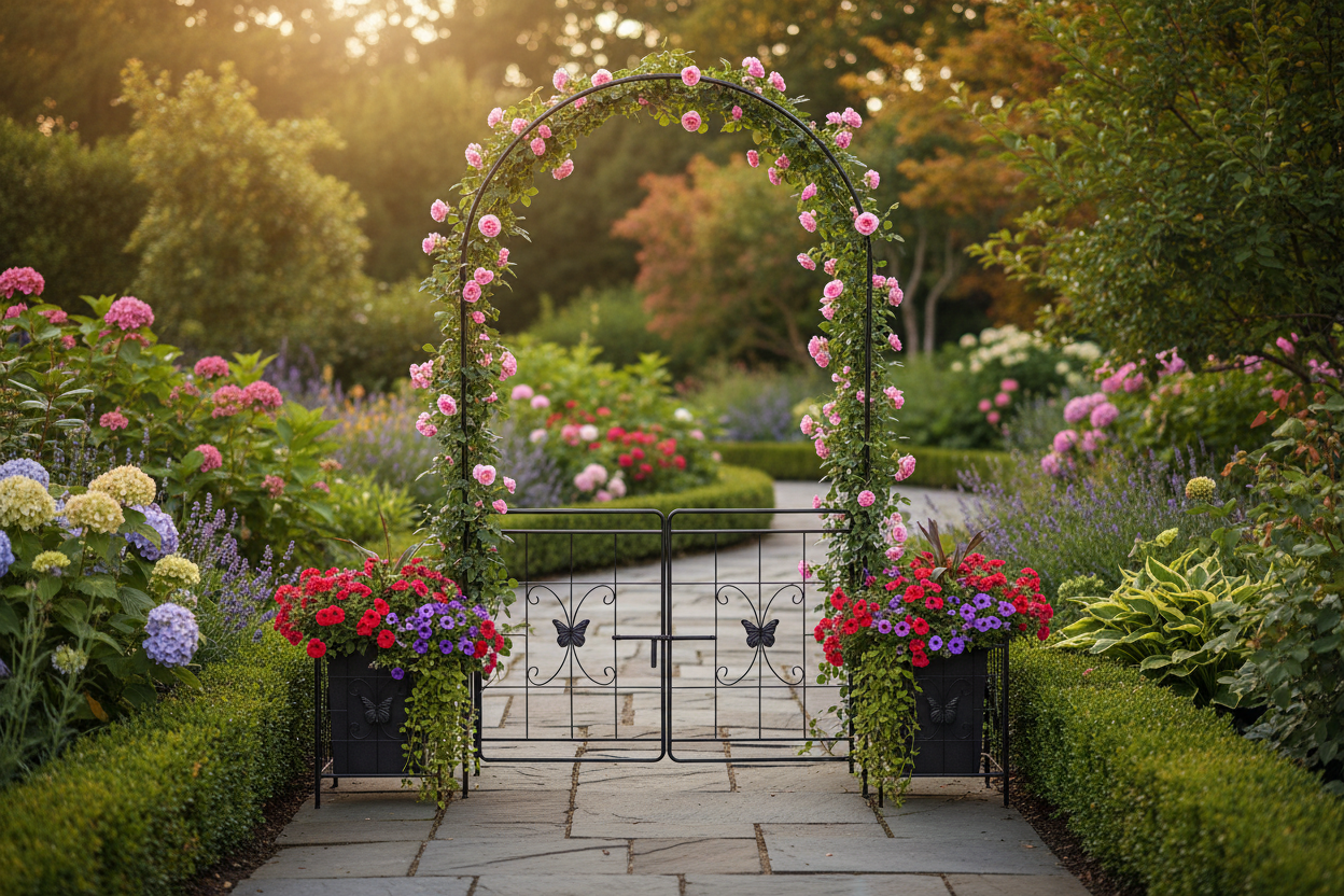 Iron Garden Arch Arbor with Gate & Lattice Panels – Easy Assembly, Climbing Plants