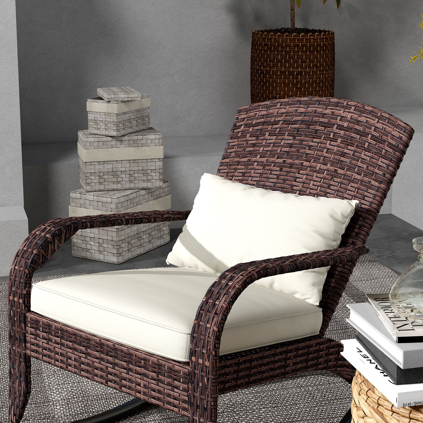 Outdoor Wicker Rocking Chair with High Back Cushion and Pillow, Adirondack Style