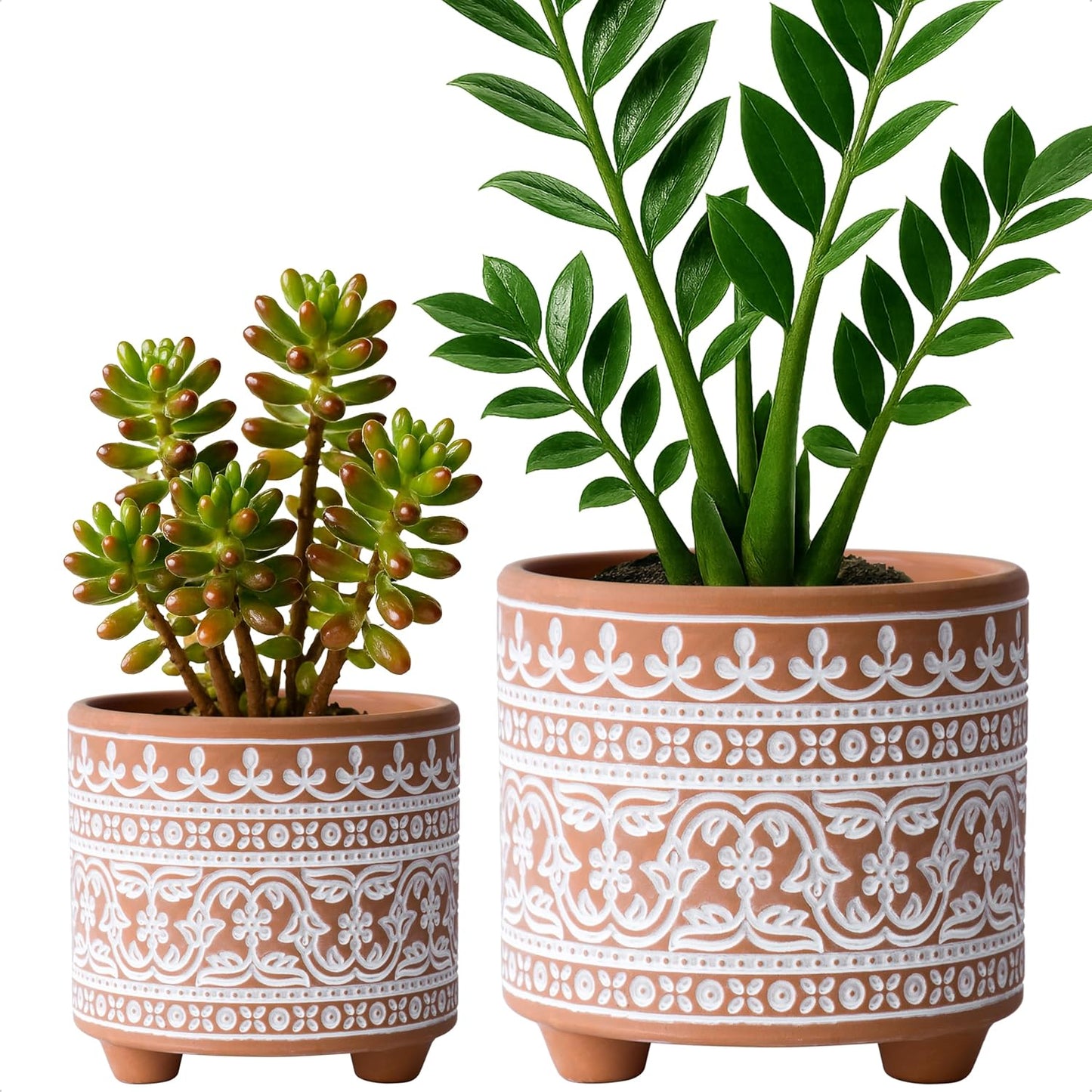 Set of 2 Terracotta Planter Pots, 4 Inch & 6 Inch, Design Plants Pot with Drainage Hole, Desert Mirage, Terracotta/White, 31-953-B-1