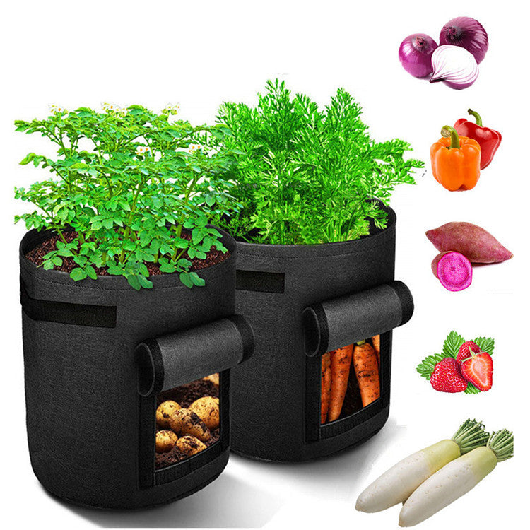 Two black fabric pots with plants and vegetables on a white background
