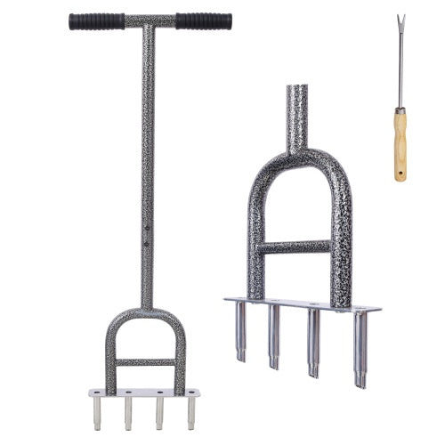 Lawn Core Aerator Tool - 4 Prong Manual Plug Aerator with 12" Weeder Hand Tool
