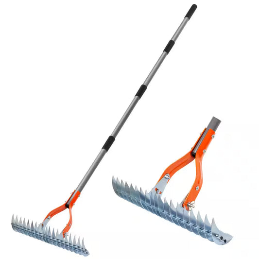 70 In. Adjustable Steel Handle Thatch Rake With19 Tines, Back Saving Lawn Thatching Rake for Garden Yard