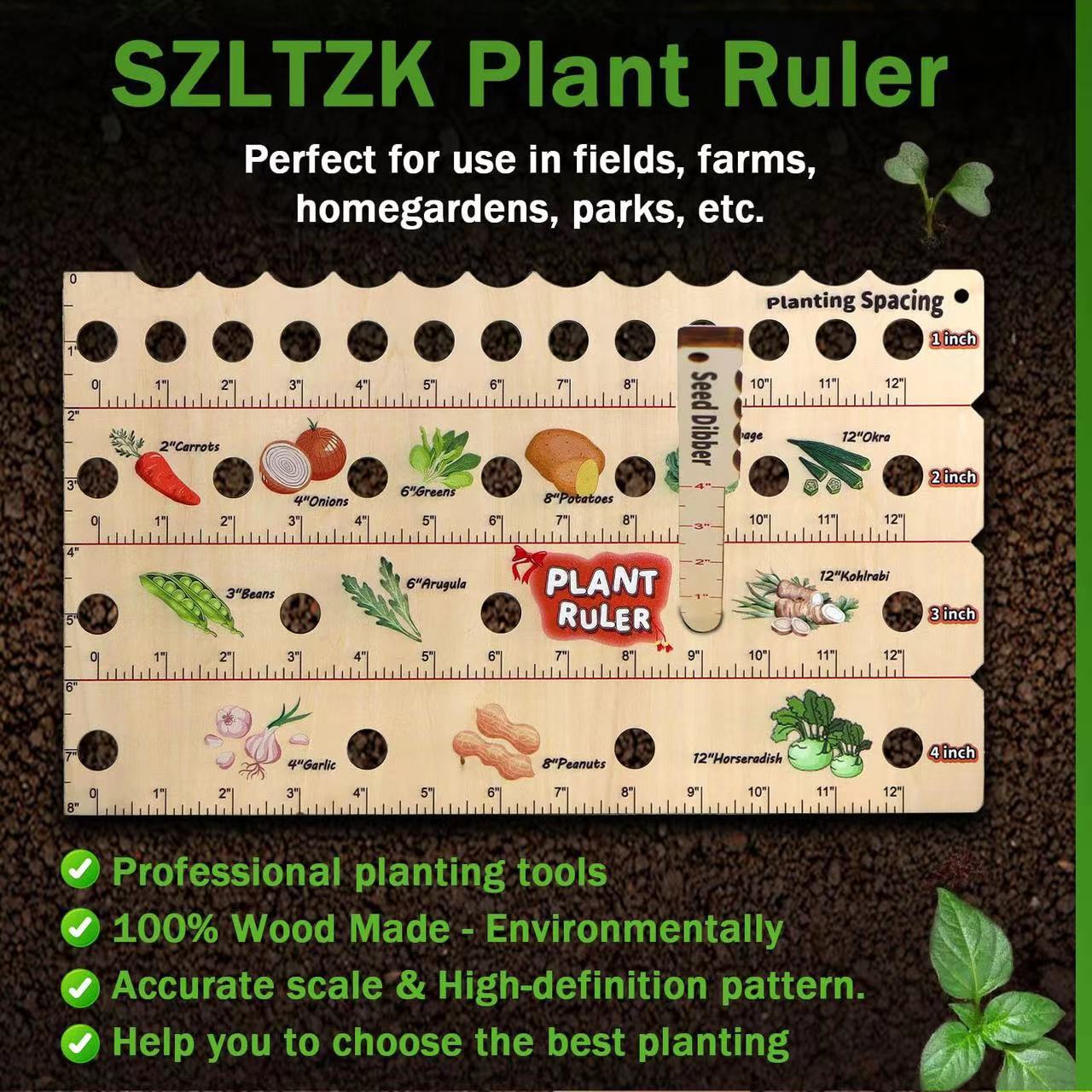 Wooden Garden Planting Ruler - Seed Spacing Guide with Plant Chart - 14"