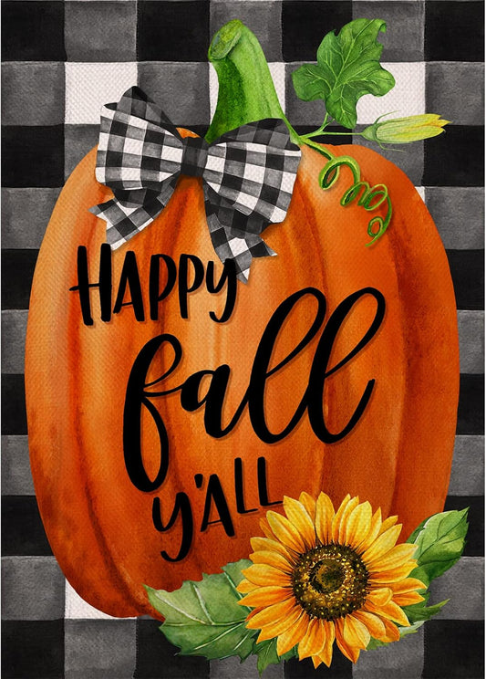 Happy Fall Y'All Farmhouse Pumpkin Decorative Burlap Garden Flag, Buffalo Plaid Check Home Yard Small Outdoor Decor, Rustic Autumn Harvest Sunflower outside Decoration Double Sided 12 X 18