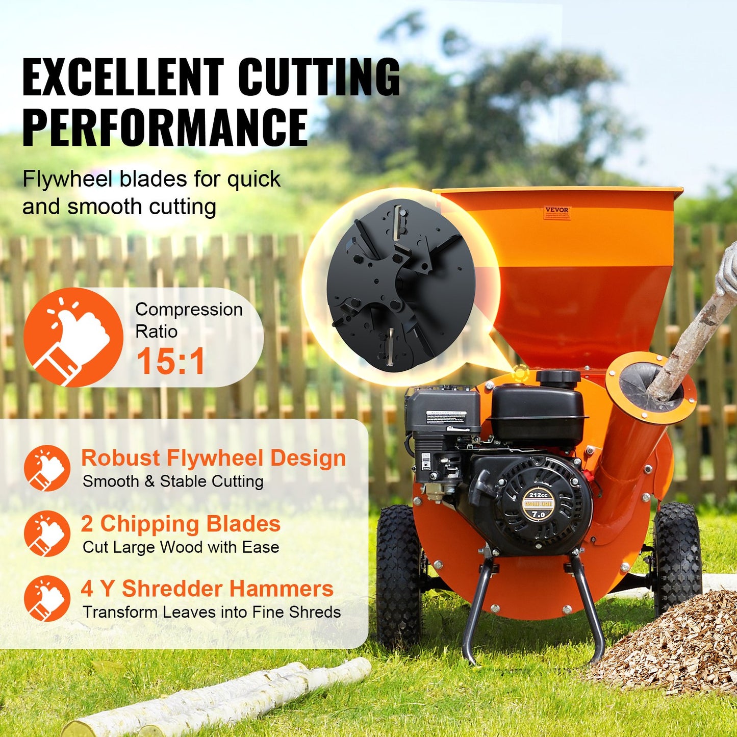 3-in-1 Gas Wood Chipper Shredder Mulcher for 3 Inch Branches with 7HP Engine