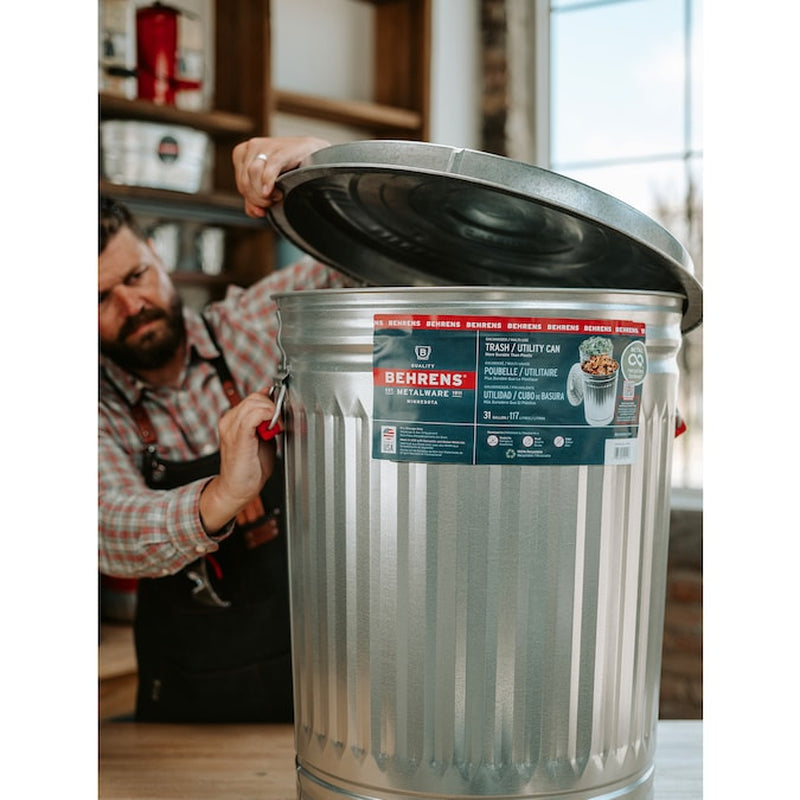 31 Gallon Silver/Galvanized Metal Indoor/Outdoor Kitchen Detached Lid Trash Can