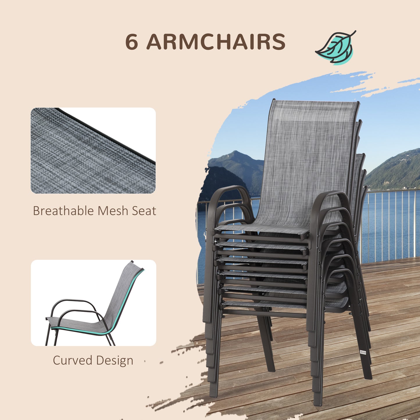 8-Piece Outdoor Dining Set with 9Ft Shade Umbrella | Glass Table, 6 Stackable Chairs, Gray