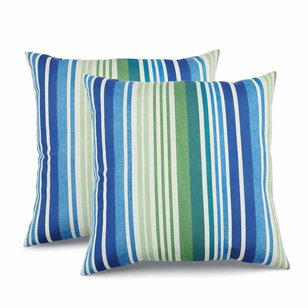 Two striped pillows with blue and green pattern on a white background