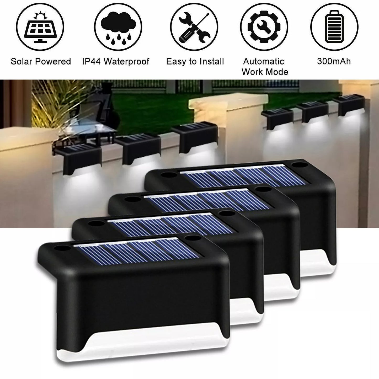 Solar Deck Lights Outdoor 4 Pack, Waterproof LED Step and Stair Lights, Black