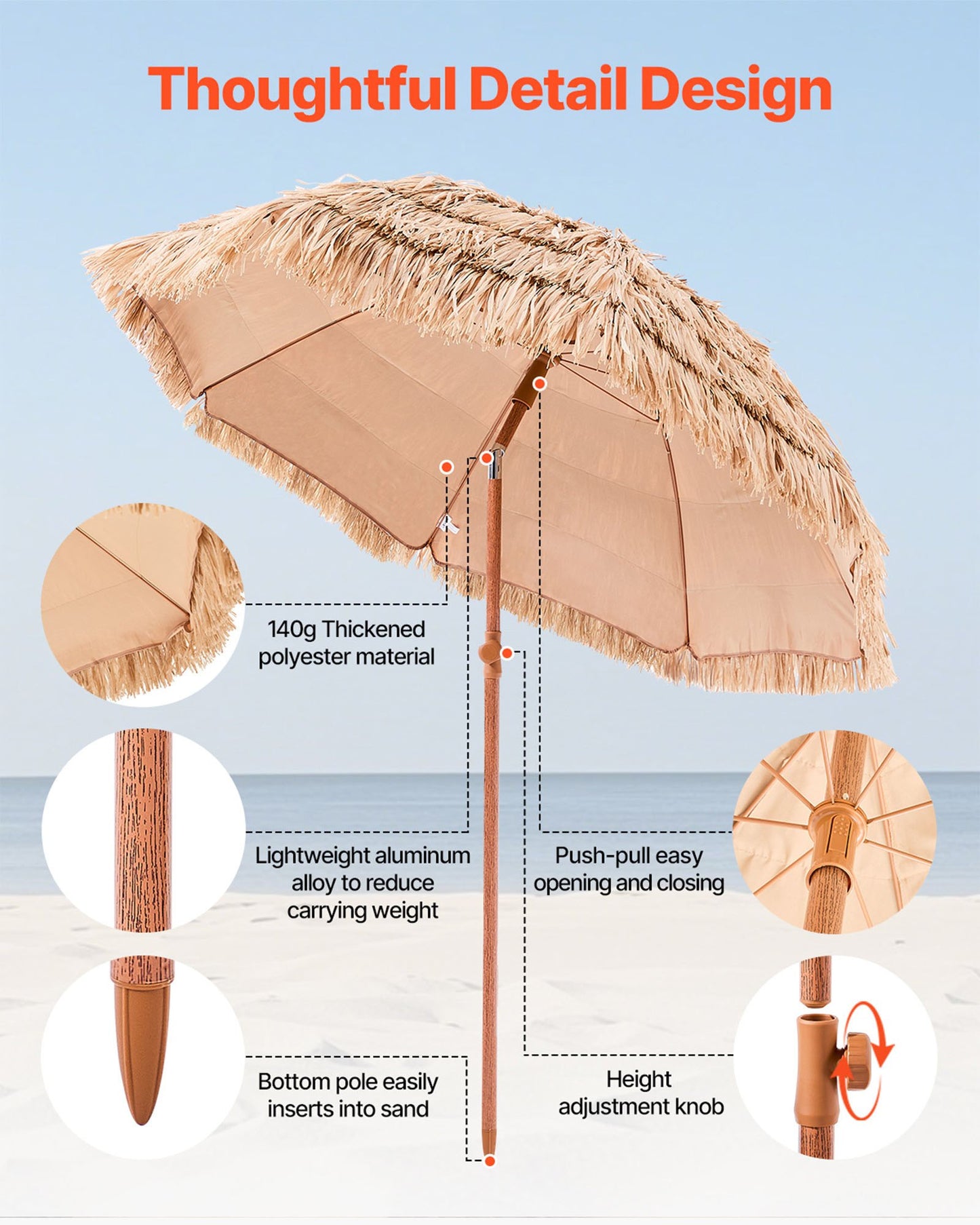 6 ft Thatched Tiki Patio Umbrella for Beach, Pool & Garden