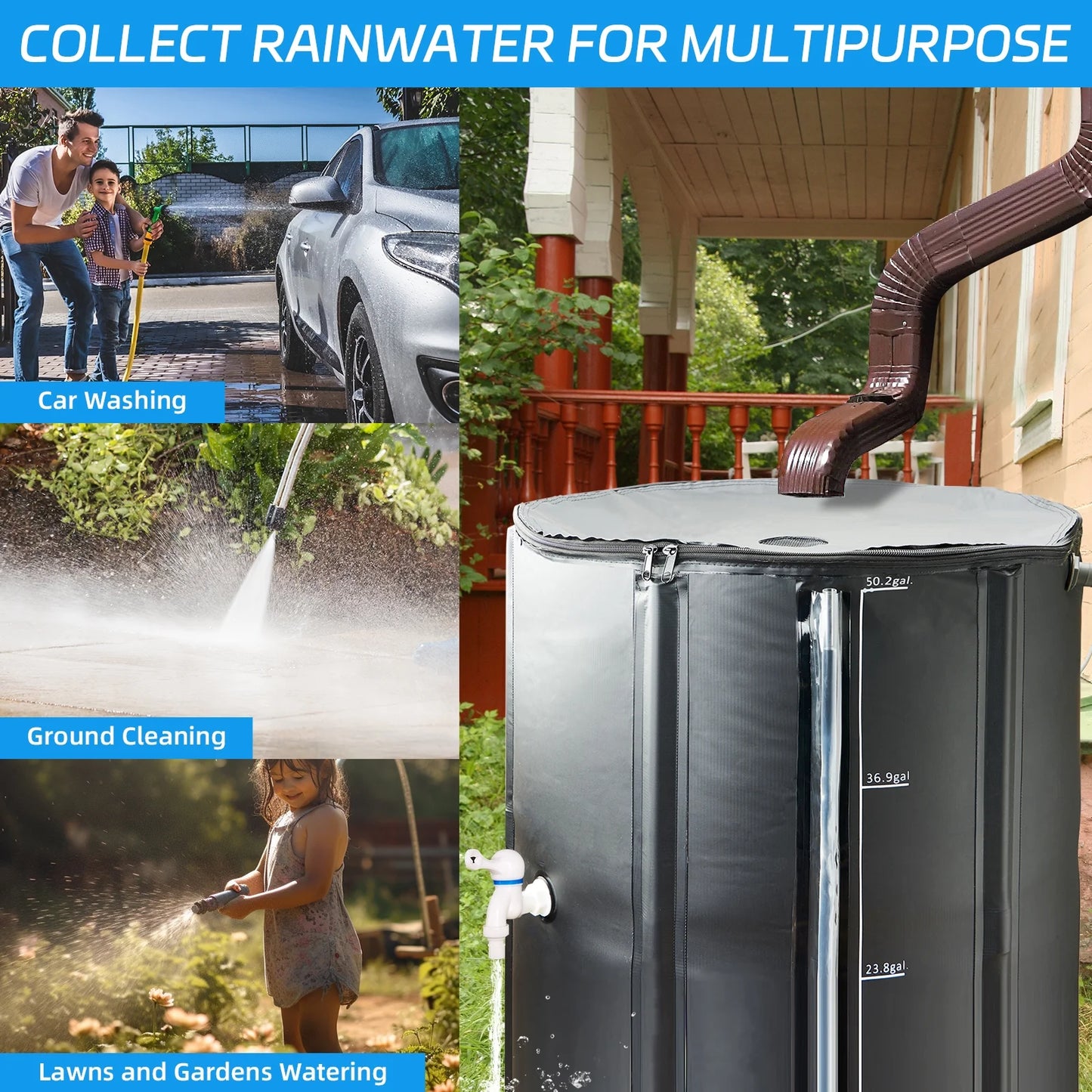 Collapsible Rain Barrel 53 Gallon Rainwater Collection Storage Tank with Garden Hose, Black