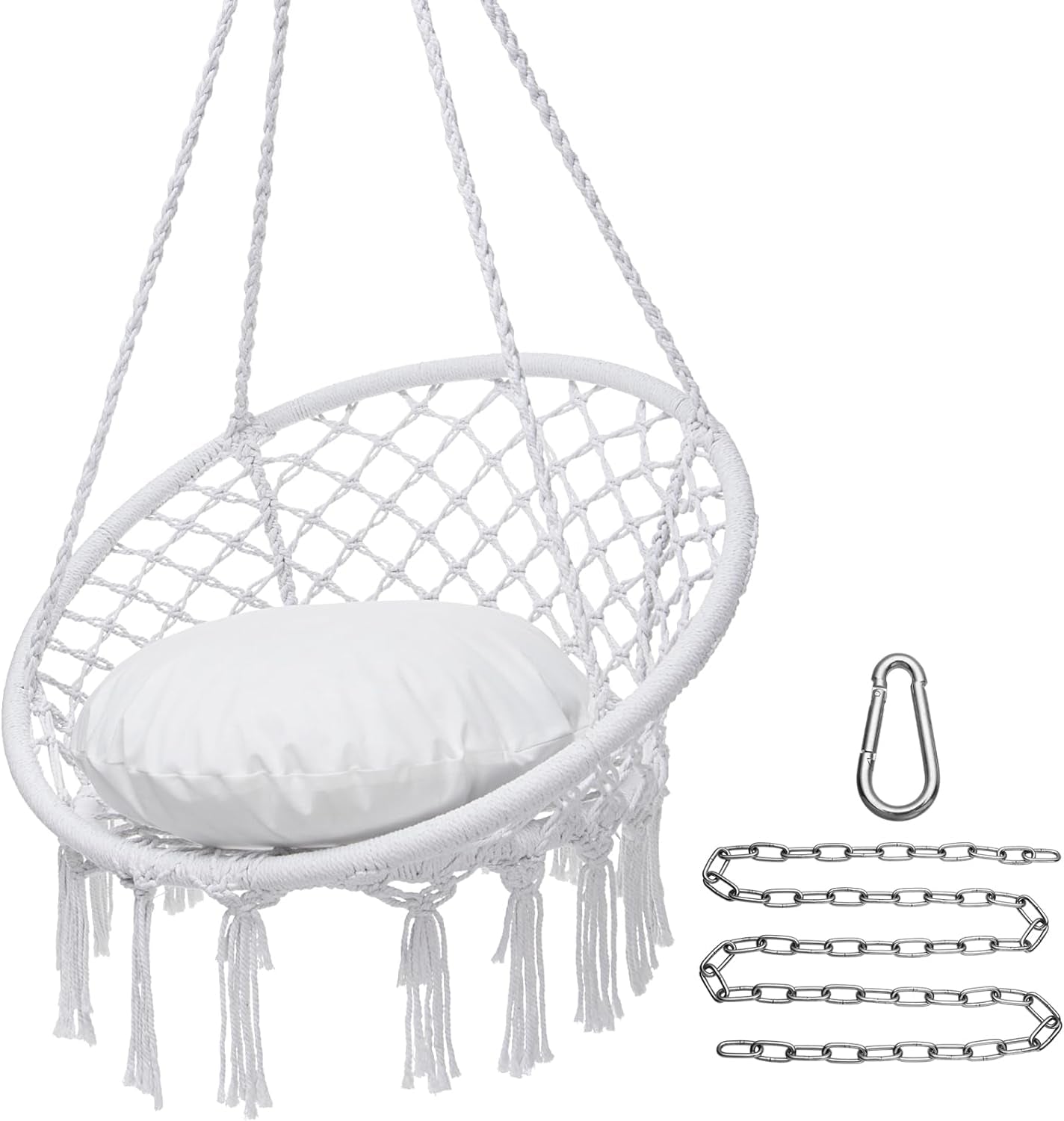 Hammock Chair Macrame Swing, Max 330 Lbs, Hanging Cotton Rope Hammock Swing Chair for Indoor and Outdoor Use, Light Grey