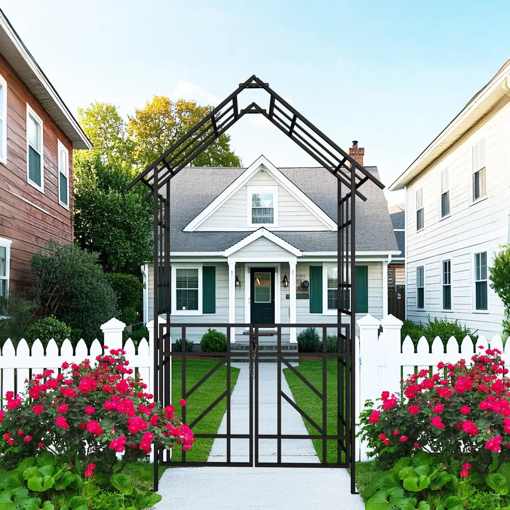 Black Metal Garden Arch with Gate for Climbing Plants