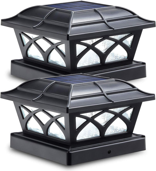 Solar Post Cap Lights Outdoor Glass 2 Modes 8 Leds for 4X4 5X5 6X6 Posts Deck Fence Patio Decoration Warm White/Cool White Lighting Black (2 Pack)
