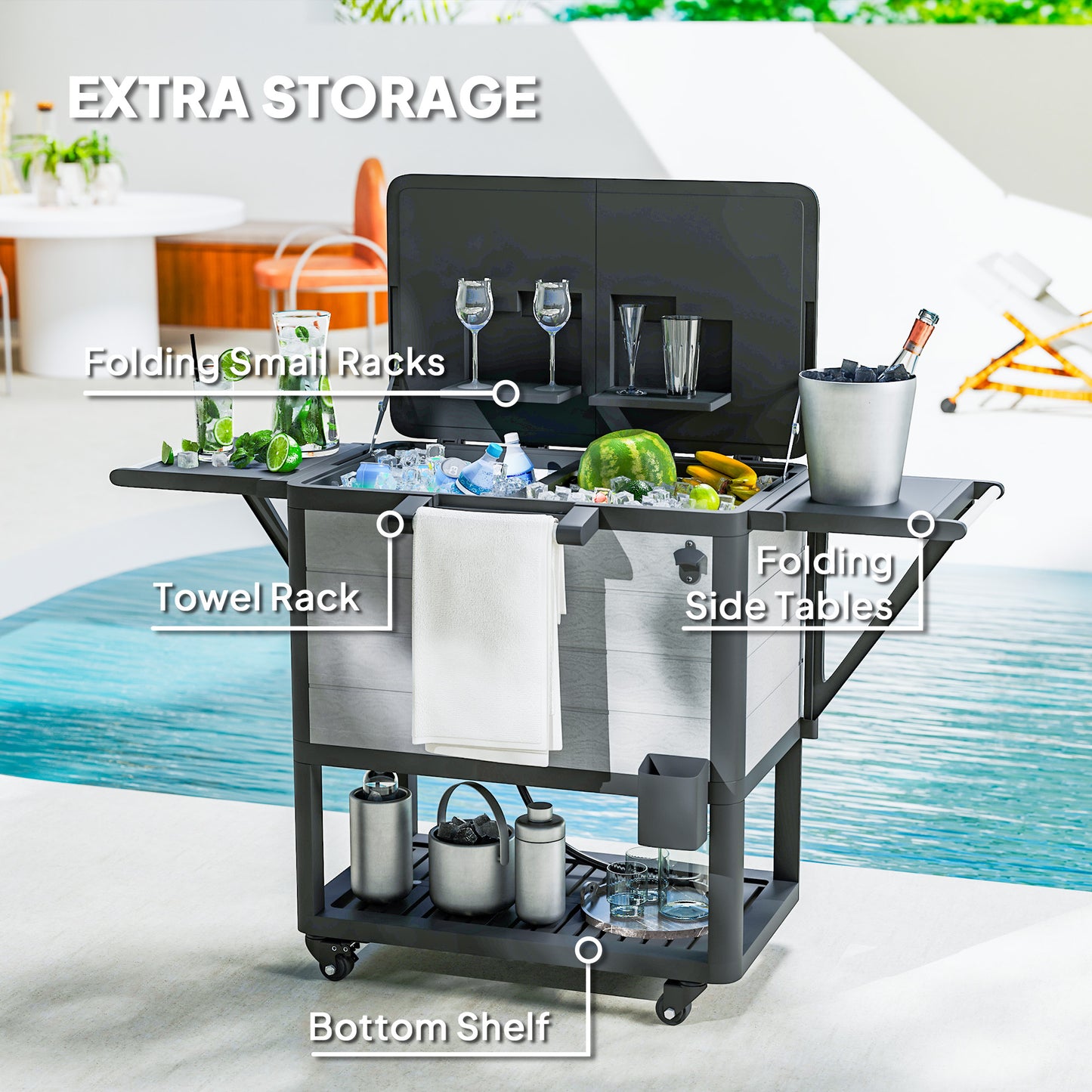 104-Quart Rolling Patio Cooler Cart – 48-Hr Ice Retention, Bottle Opener & Side Tables