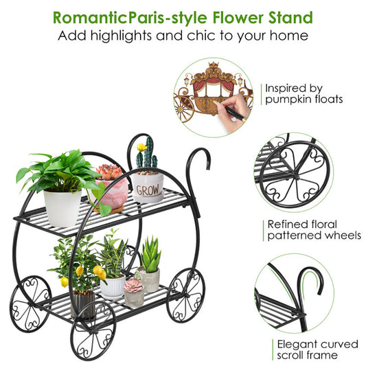 26" 2-Tier Metal Plant Shelf with Wheels – Parisian Trolley Design