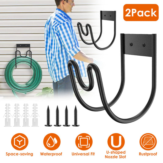Stainless Steel Wall-Mounted Garden Hose Holder with Nozzle Slot | 2-Pack, Black