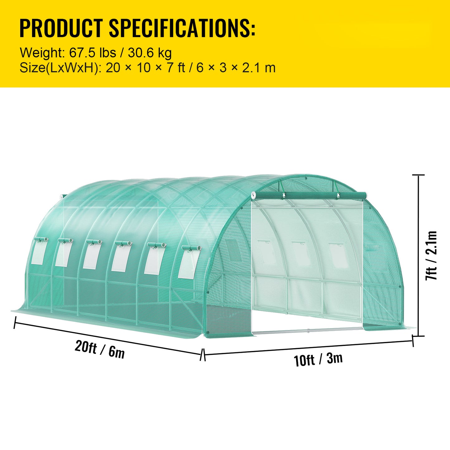 VEVOR 20×10×7 ft Walk-in Tunnel Greenhouse with Zippered Doors & Roll-up Windows