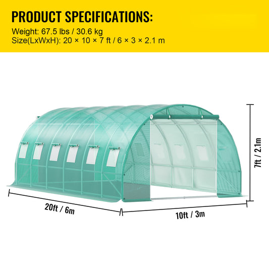 20×10×7 ft Walk-in Tunnel Greenhouse with Zippered Doors & Roll-up Windows
