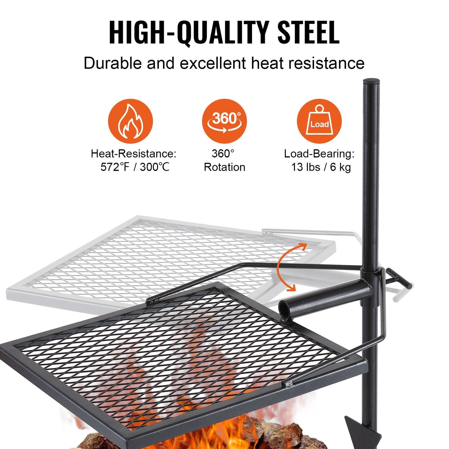 VEVOR 360° Swivel Campfire Grill – Heavy Duty Steel Fire Pit Cooking Grate