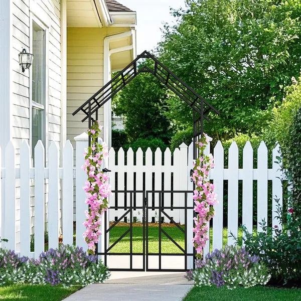 Black Metal Garden Arch with Gate for Climbing Plants