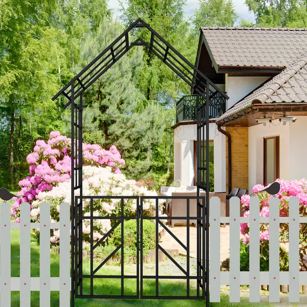 Black Metal Garden Arch with Gate for Climbing Plants
