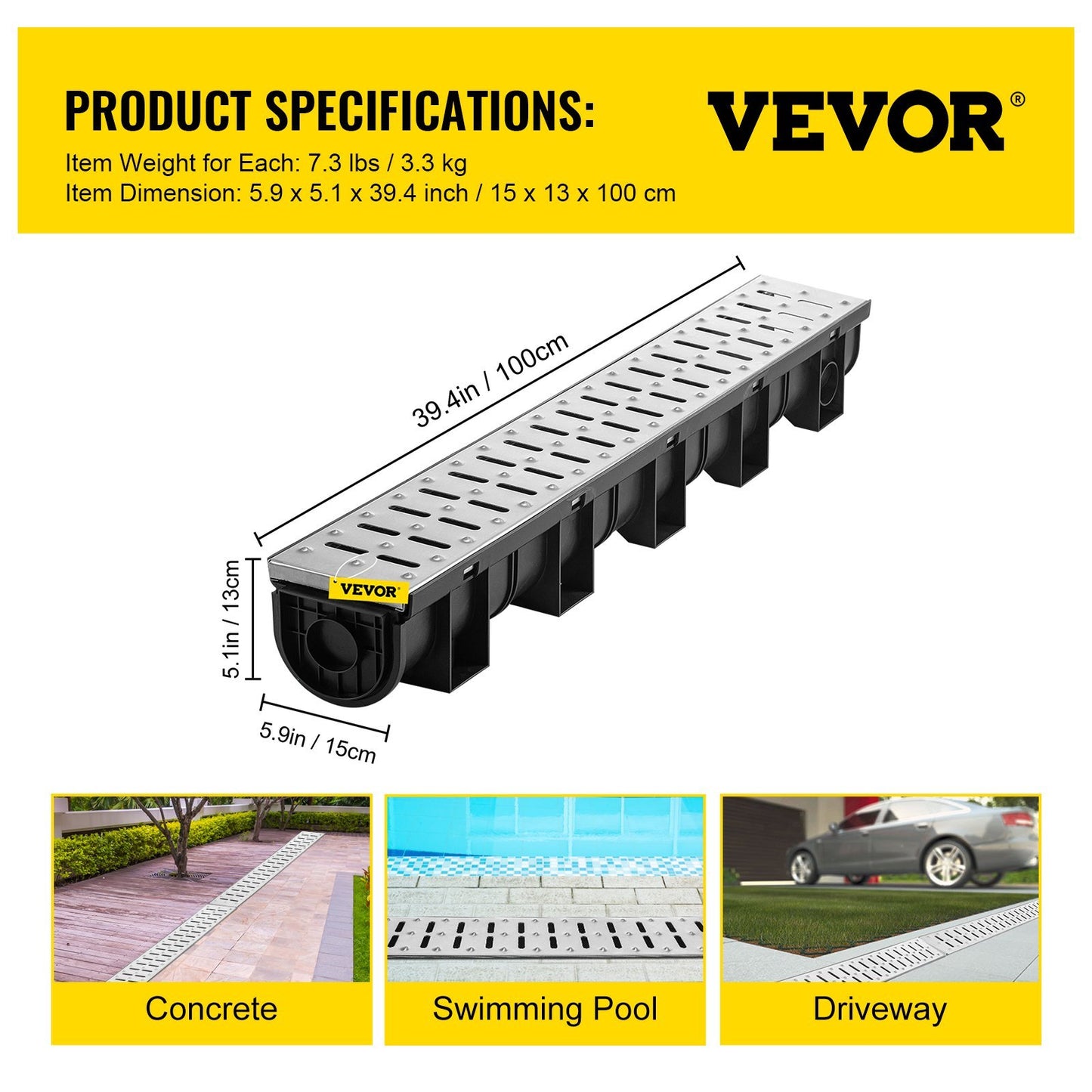 VEVOR 3-Pack Trench Drain System 39" Channel Drain with Metal Grate for Garage
