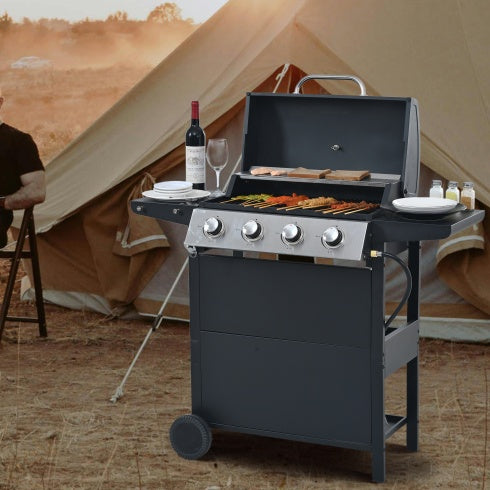 4-Burner Propane Gas Grill - 34,000 BTU Stainless Steel BBQ with Side Shelves