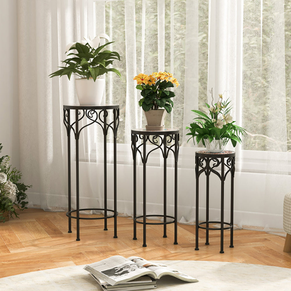 3-Piece Mosaic Plant Stand Set – Stackable Metal Outdoor Plant Holders