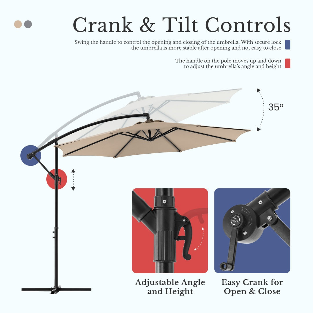 9.8 ft Cantilever Patio Umbrella – UPF 50+, Crank Tilt, Vented Canopy, 73.2 Sq Ft Shade