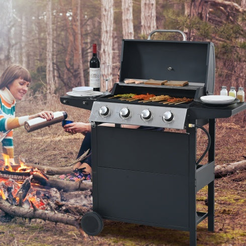 4-Burner Propane Gas Grill - 34,000 BTU Stainless Steel BBQ with Side Shelves