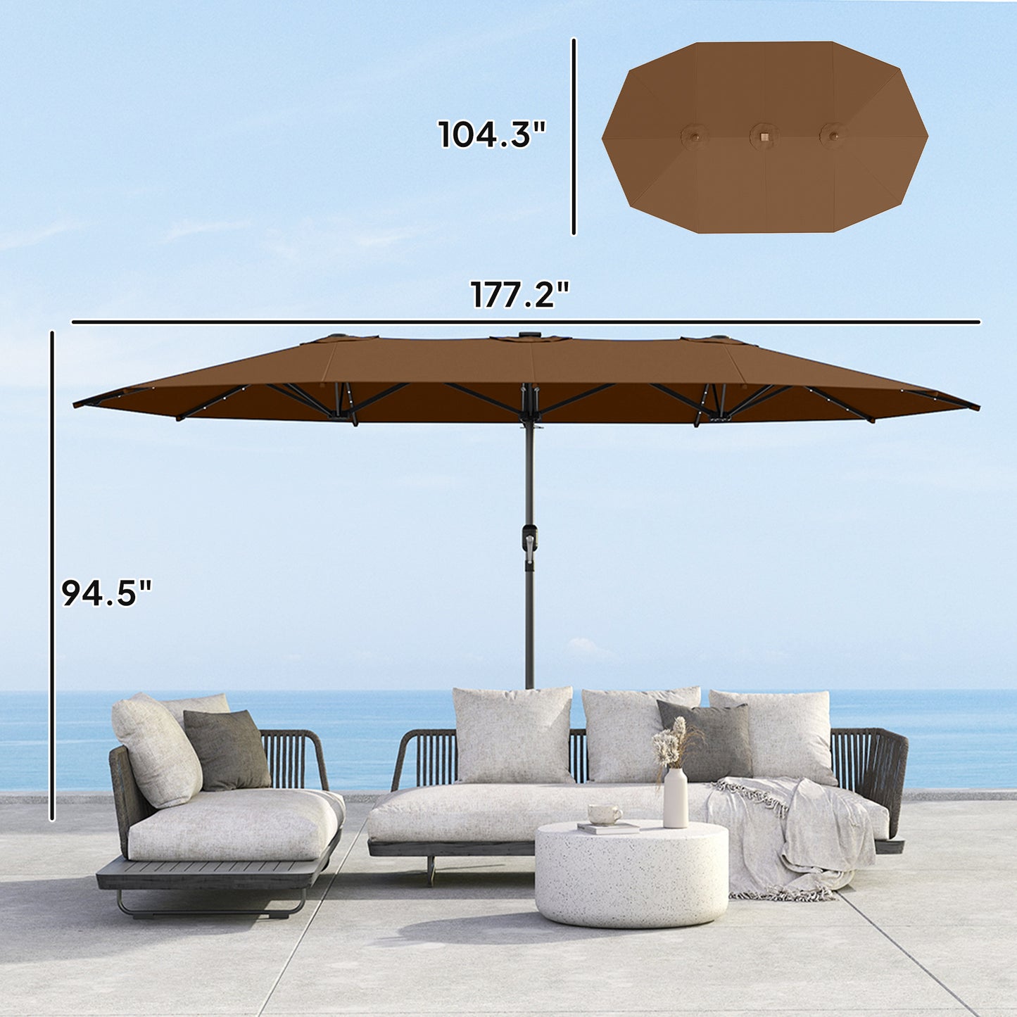 15 Ft Solar LED Patio Umbrella Parasol | Double-Sided, UV Blocking, Crank Lift
