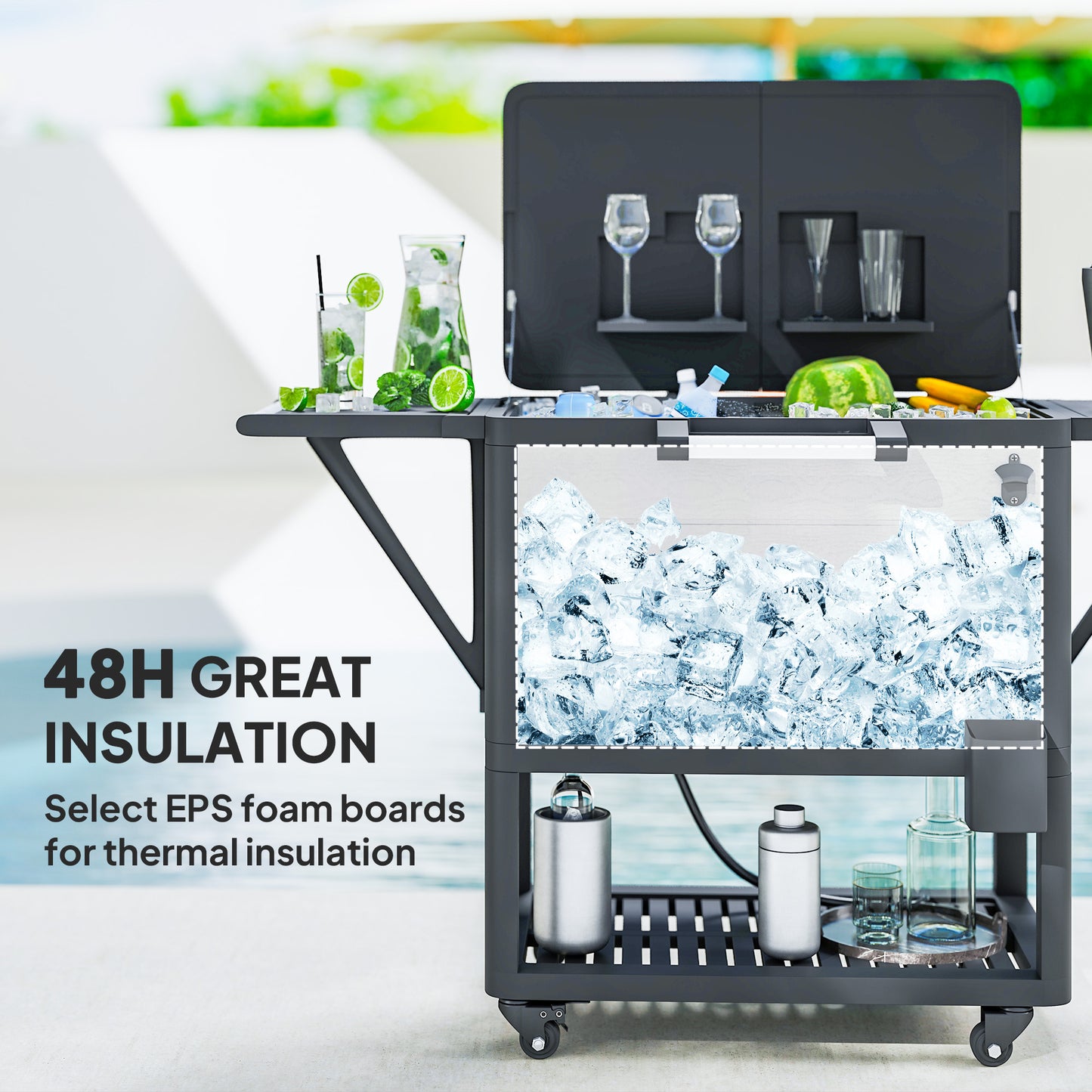 104-Quart Rolling Patio Cooler Cart – 48-Hr Ice Retention, Bottle Opener & Side Tables