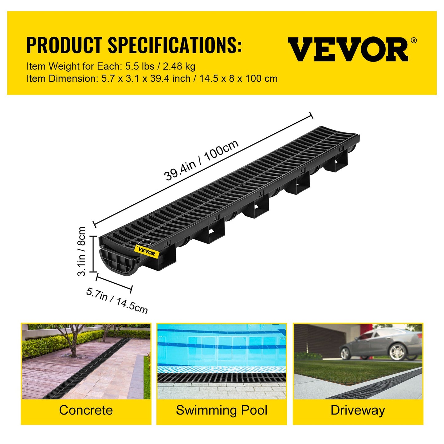 VEVOR 39.4" Trench Drain System with Grate - 5 Pack Driveway Channel Drain