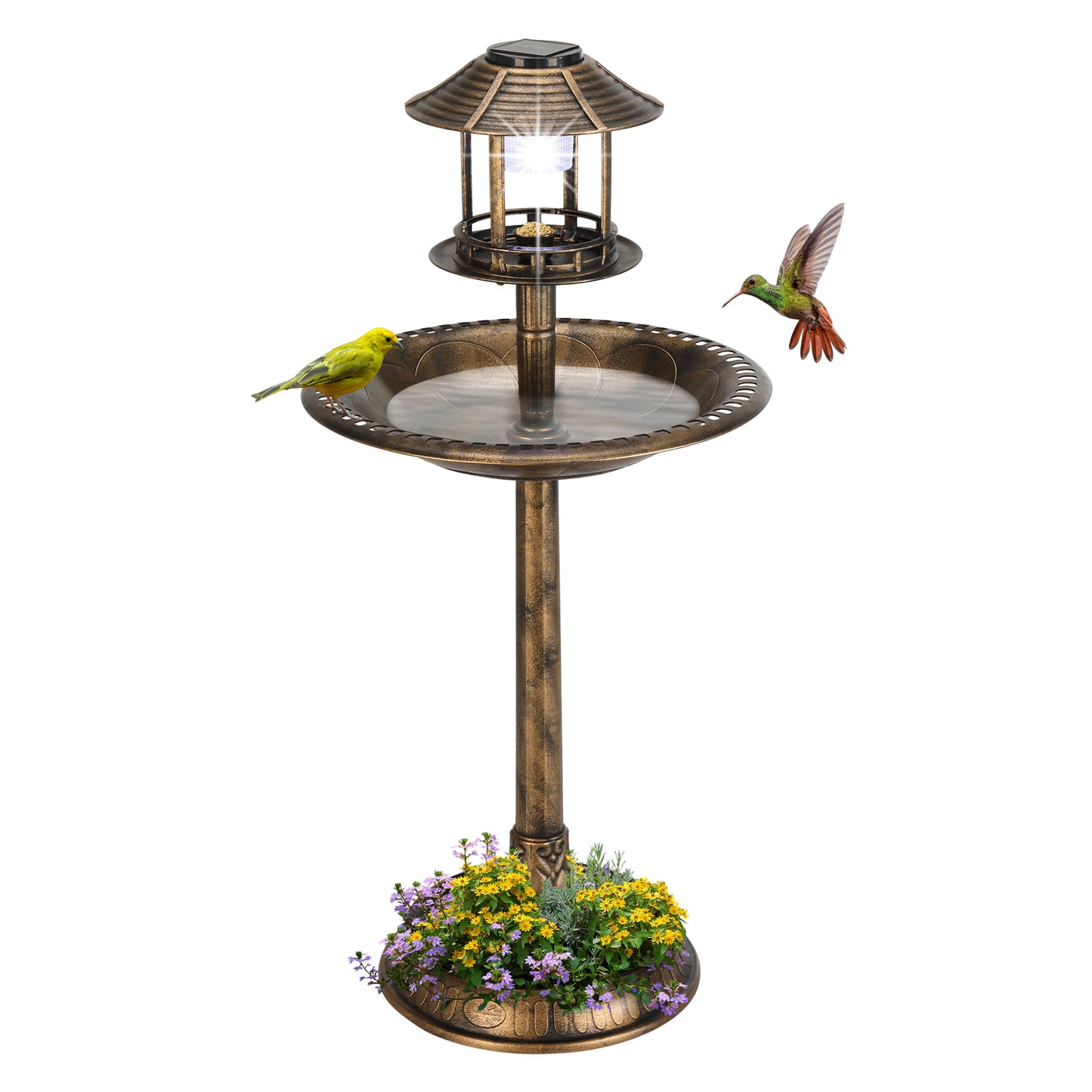 Solar Lighted Bird Bath with Antique Bronze Finish | Weather-Resistant, 42" Tall