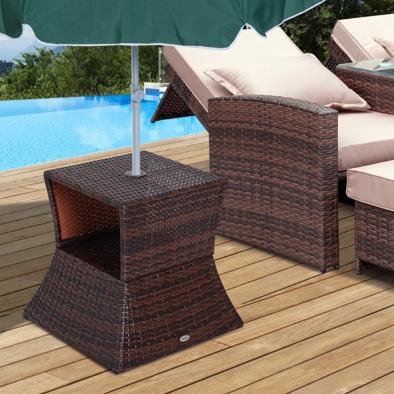 Outdoor Rattan Side Table with Umbrella Hole & Storage Shelf
