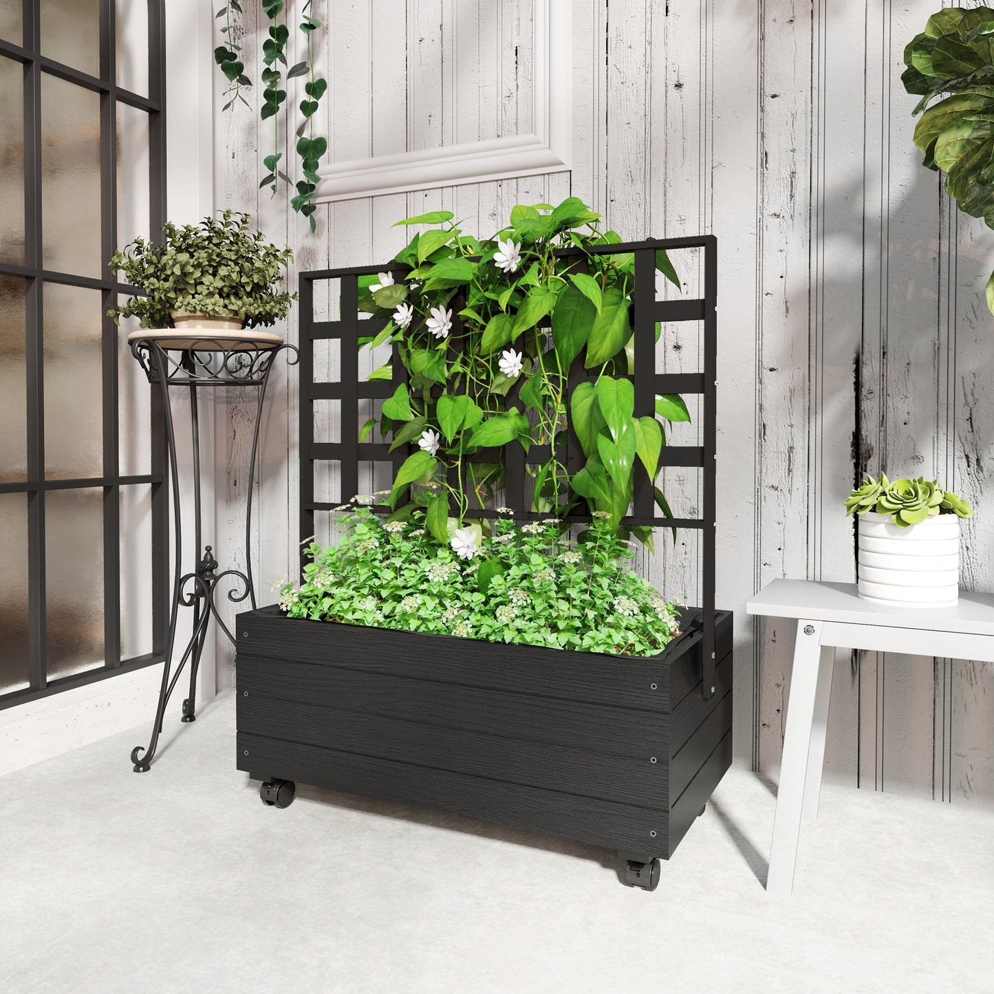 Raised Garden Bed with Trellis & Wheels – 34.6 in Elevated Wood Planter Box