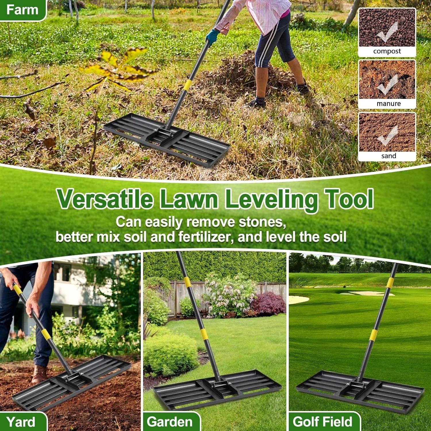 27" X 10" Lawn Leveling Rake,Large Level Lawn Tool, 5Ft Adjustable Long Handle Level Lawn Rake for Soil Grass Golf Field