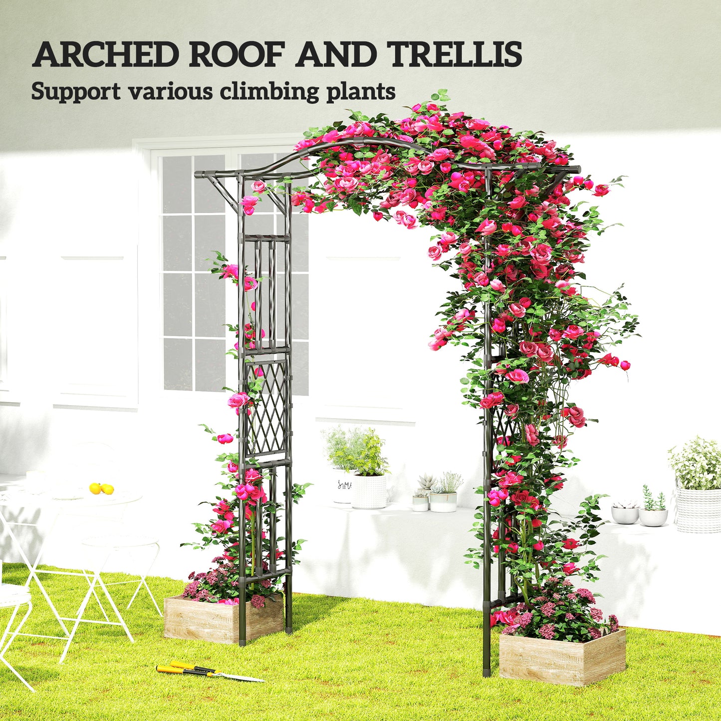 Steel Garden Arch Trellis with Extended Top and Snap-On Assembly, Black